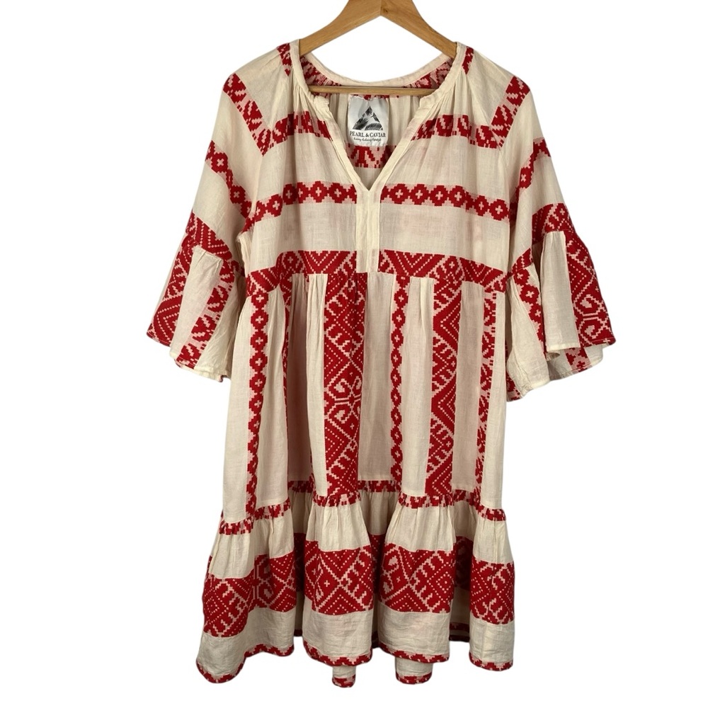 Pearl & Caviar Midi Dress Women's Small Lightweight Flowy Red Cream 100% Cotton
